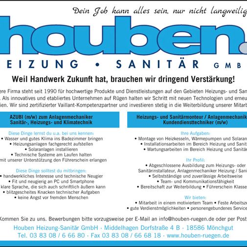 Houben Heizung & Sanitär GmbH - Anzeige Azubi gesucht!