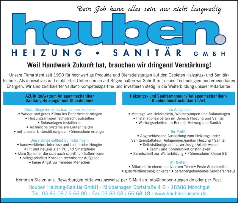 Houben Heizung & Sanitär GmbH - Anzeige Azubi gesucht!
