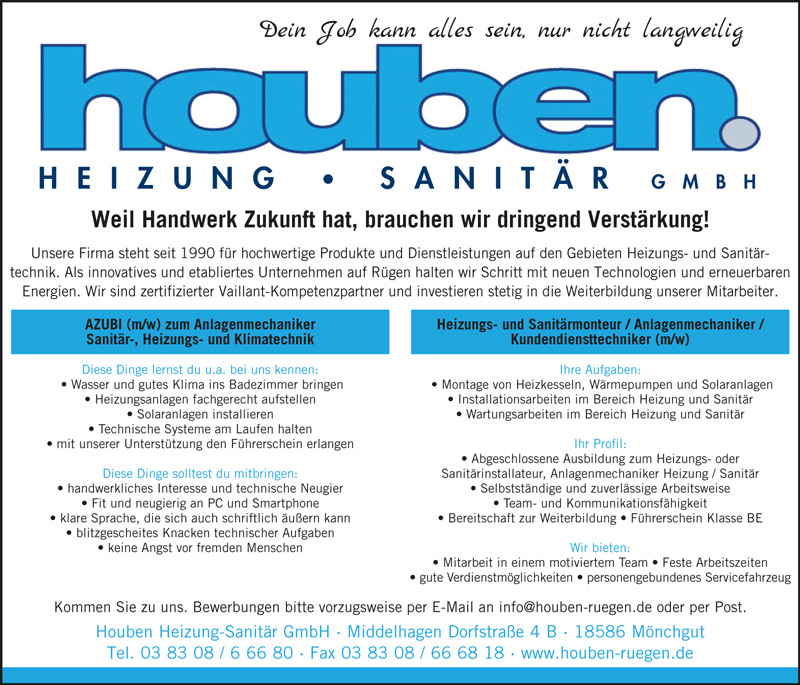 Houben Heizung & Sanitär GmbH - Anzeige Azubi gesucht!